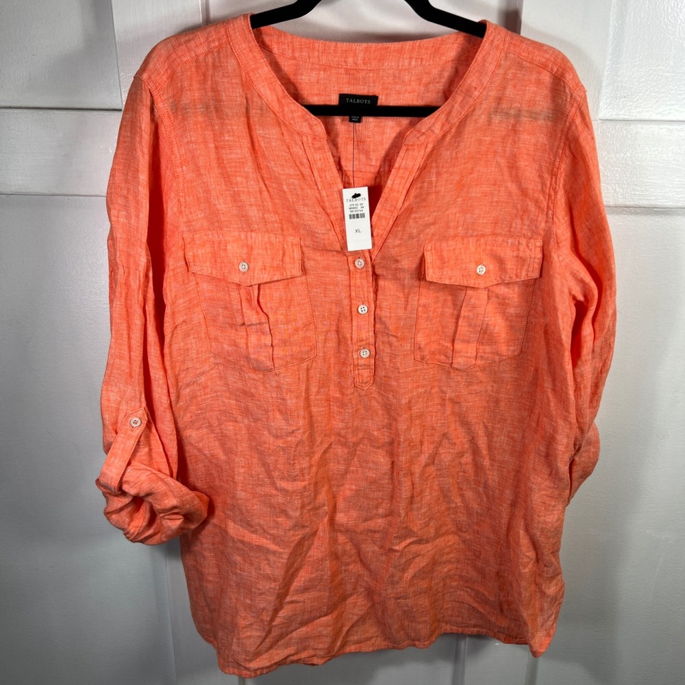 Talbots Womens XL Linen Henley Top Coral Orange Roll Tab Sleeve Blouse NWT